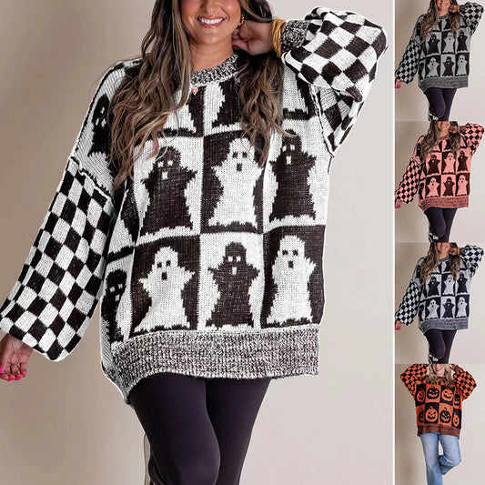 Pull à manches longues en tricot pour femme, imprimé fantôme et damier, style dessin animé d'Halloween, automne et hiver