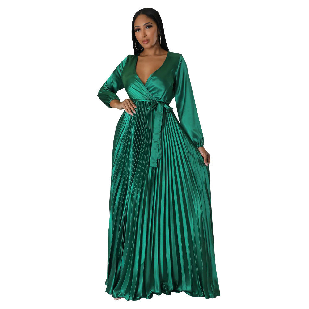 Robe plissée à manches lanternes pour femme