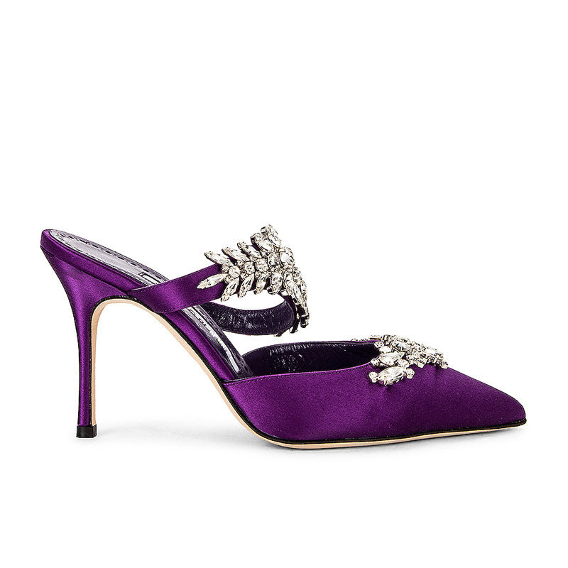 Sandalias francesas con punta en punta y tacón de aguja con diamantes de imitación