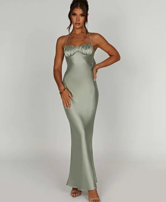 Robe sexy à col suspendu et dos ouvert pour femme, coupe ajustée, hanches enveloppées