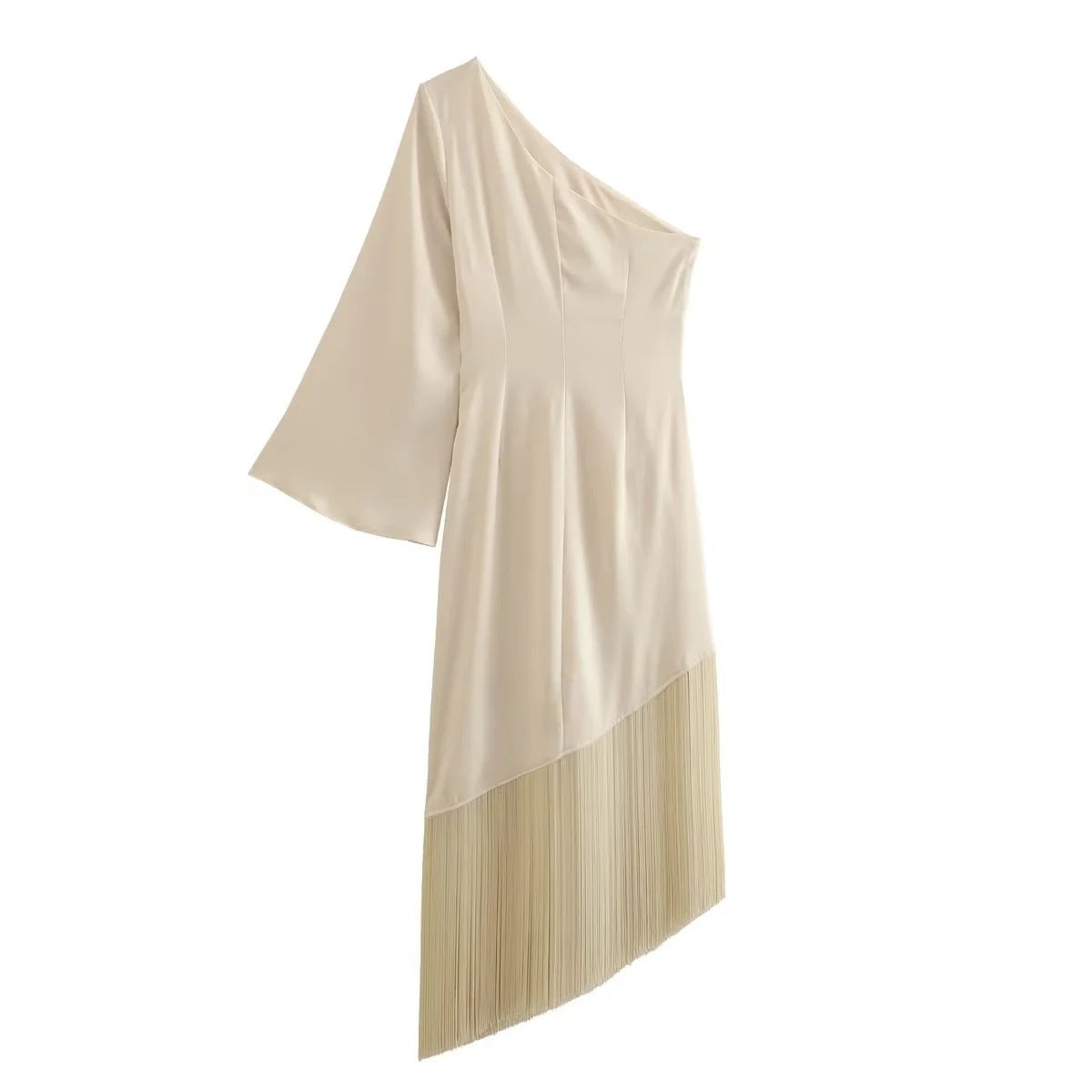 Robe décontractée plissée, coupe ajustée, coupe inclinée, bas à franges, une épaule, pour les vacances