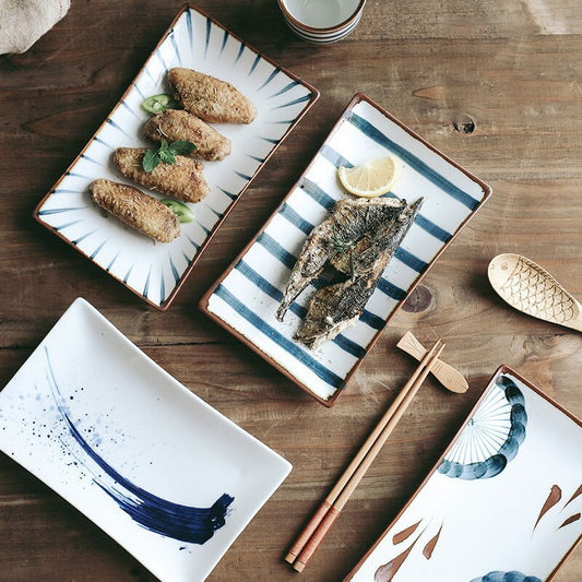 Assiette à sushi rectangulaire en céramique peinte à la main de style japonais rétro