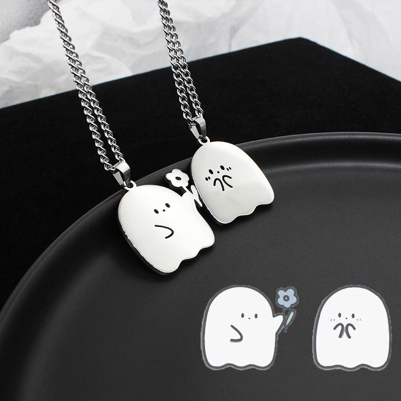 Collier en acier inoxydable avec pendentif en forme de chat et de fantôme mignon, idéal pour un couple, idéal pour l'amitié ou comme cadeau