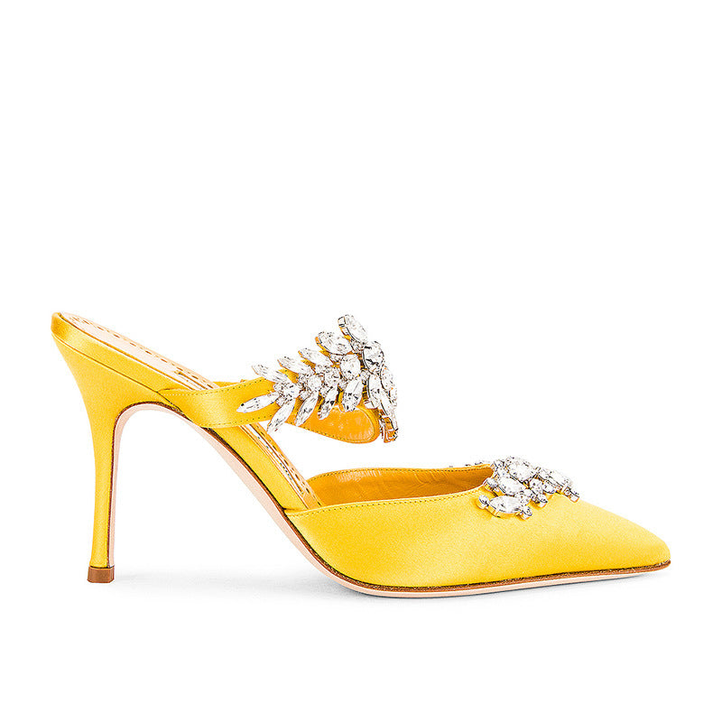 Sandalias francesas con punta en punta y tacón de aguja con diamantes de imitación