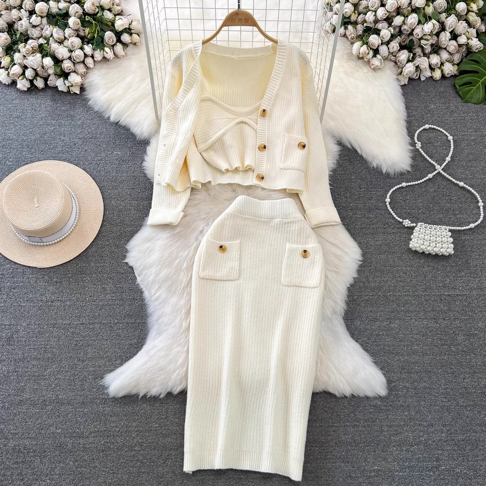 High Waist Slimming Knitted Sweater Cardigan Coat Three-piece Set