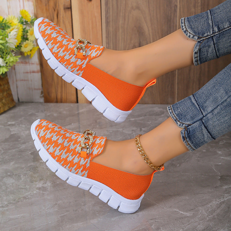 Zapatos casuales de malla con cadena y estampado de pata de gallo, zapatos planos deportivos para caminar de verano para mujer, mocasines transpirables