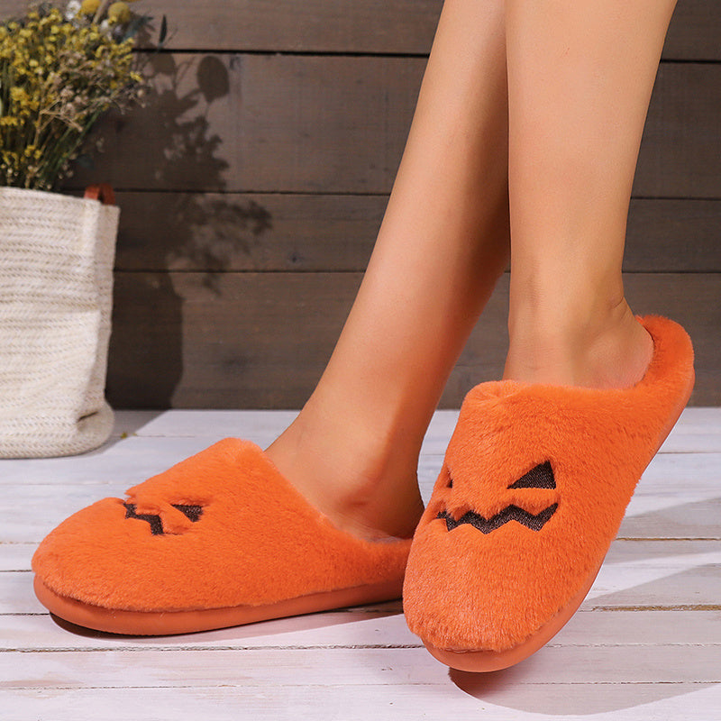 Chaussons mignons en forme de citrouille pour Halloween, pantoufles d'hiver chaudes en peluche pour chambre à coucher, pantoufles décontractées, confortables et douillettes pour l'intérieur