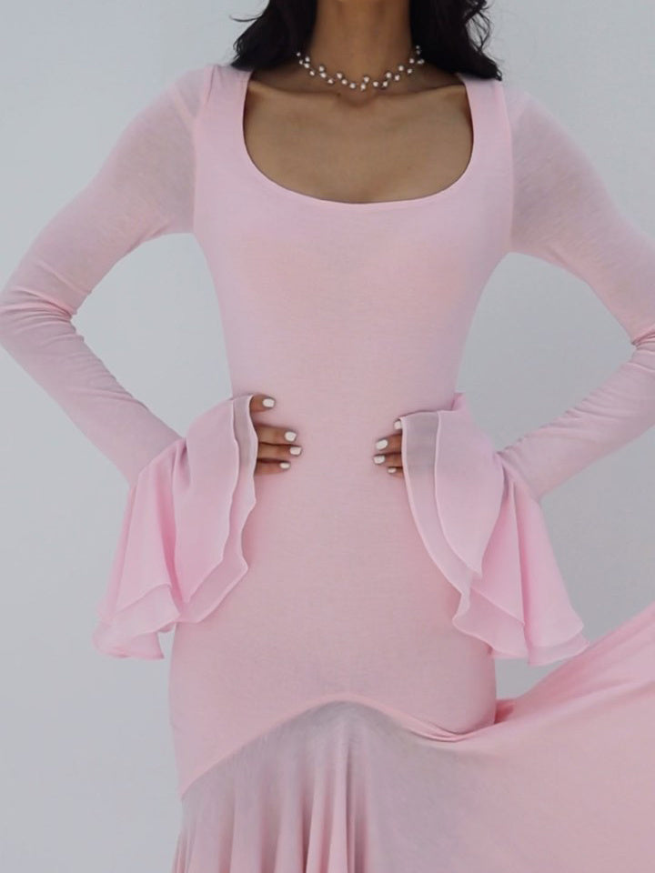 Robe longue unie à manches volantées et double épaisseur