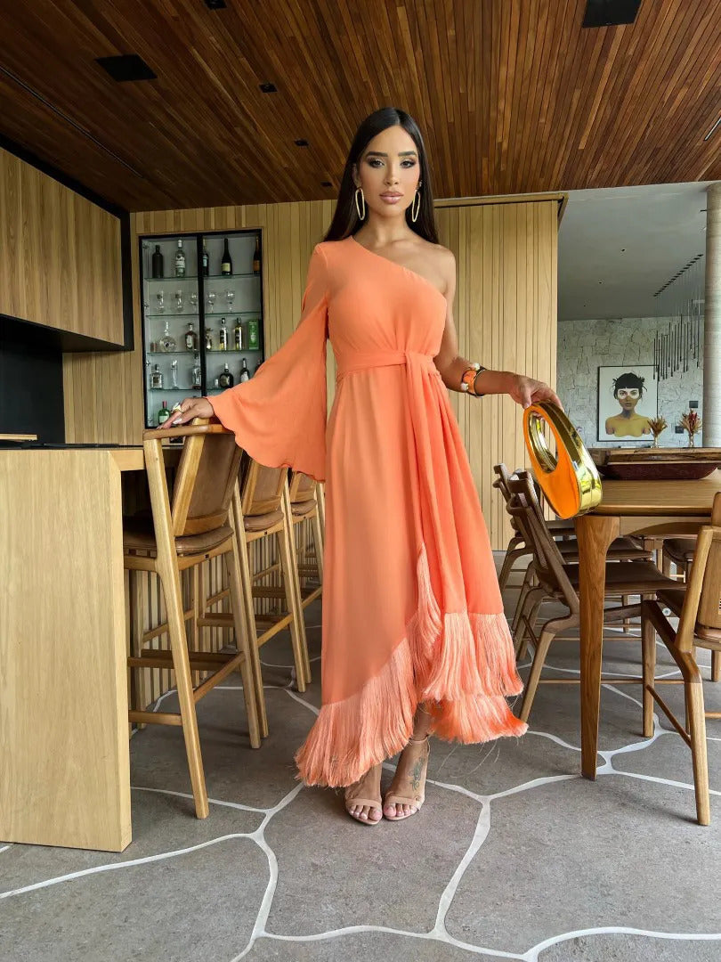 Women's Fashion Solid Color Shoulder Long Sleeve Off-the-shoulder Waist Tassel Dress