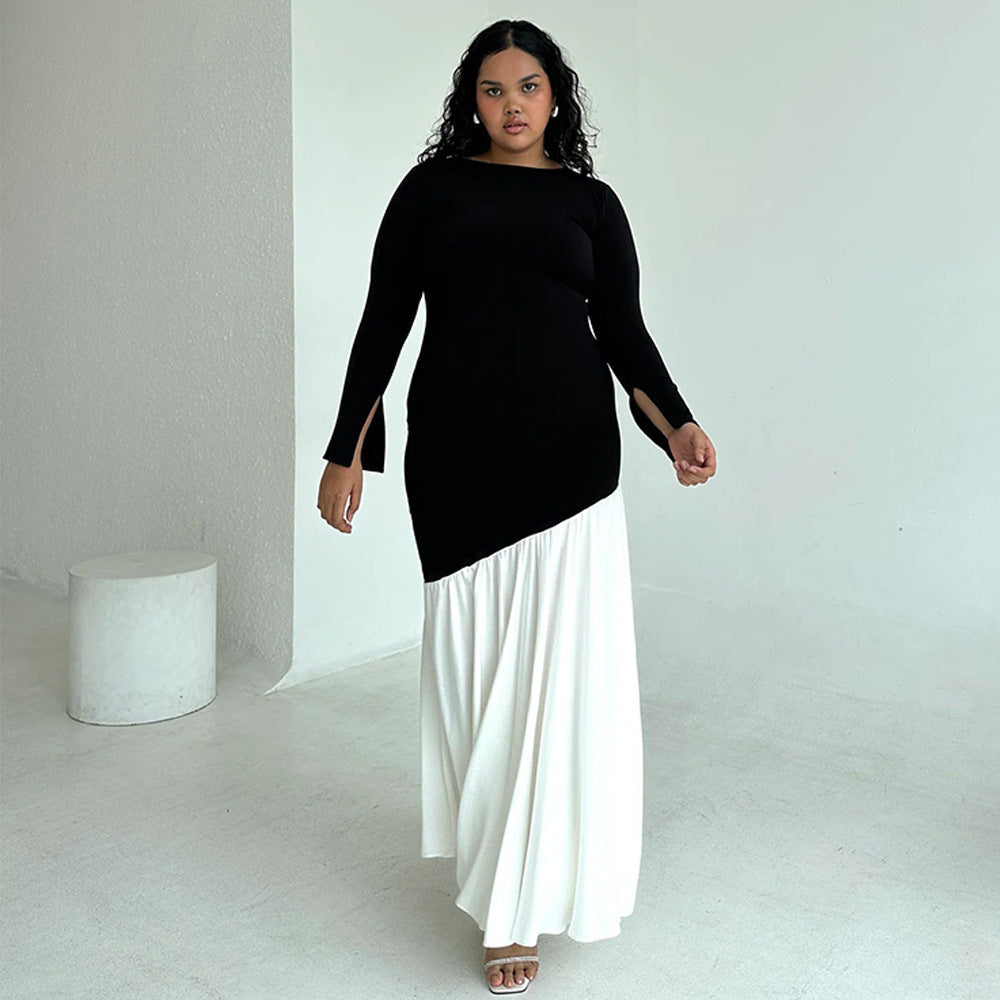 Robe tendance à col rond et manches longues, coutures fines sur les hanches