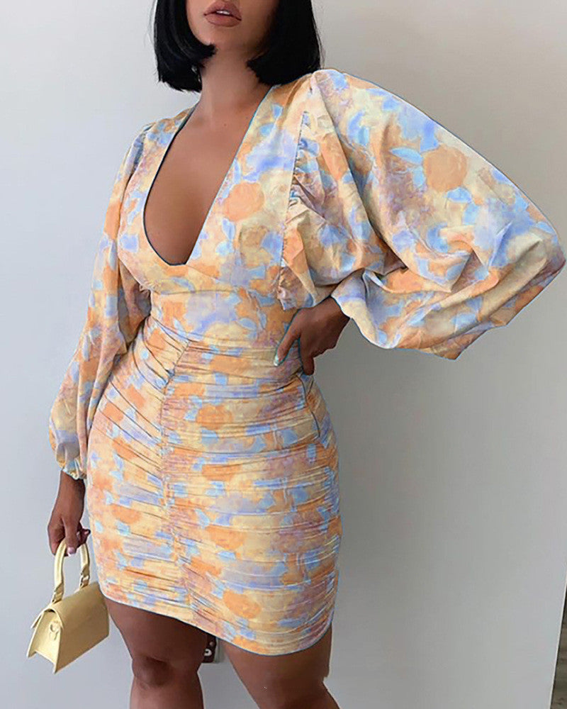 New Style Women's Printed V-Neck Long-Sleeved Dress