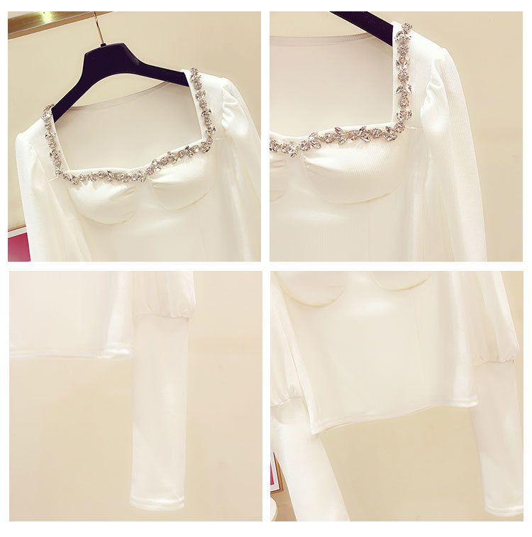French Blouse Women Spring Dress Temperament Square Collar Exposed Collarbone Slim Fit