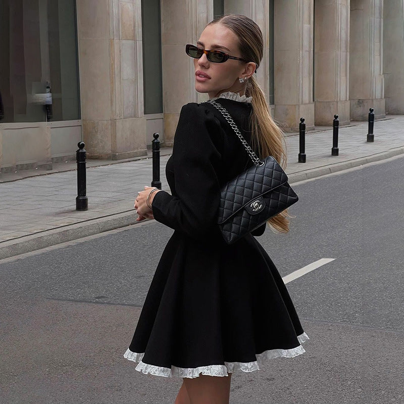 Contrast Color Fungus Long Sleeve A- Line Dress Women