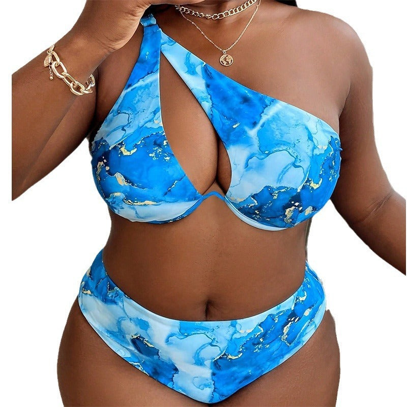 Traje de baño para mujer, estampado de acero, con un solo hombro, bikini de talla grande