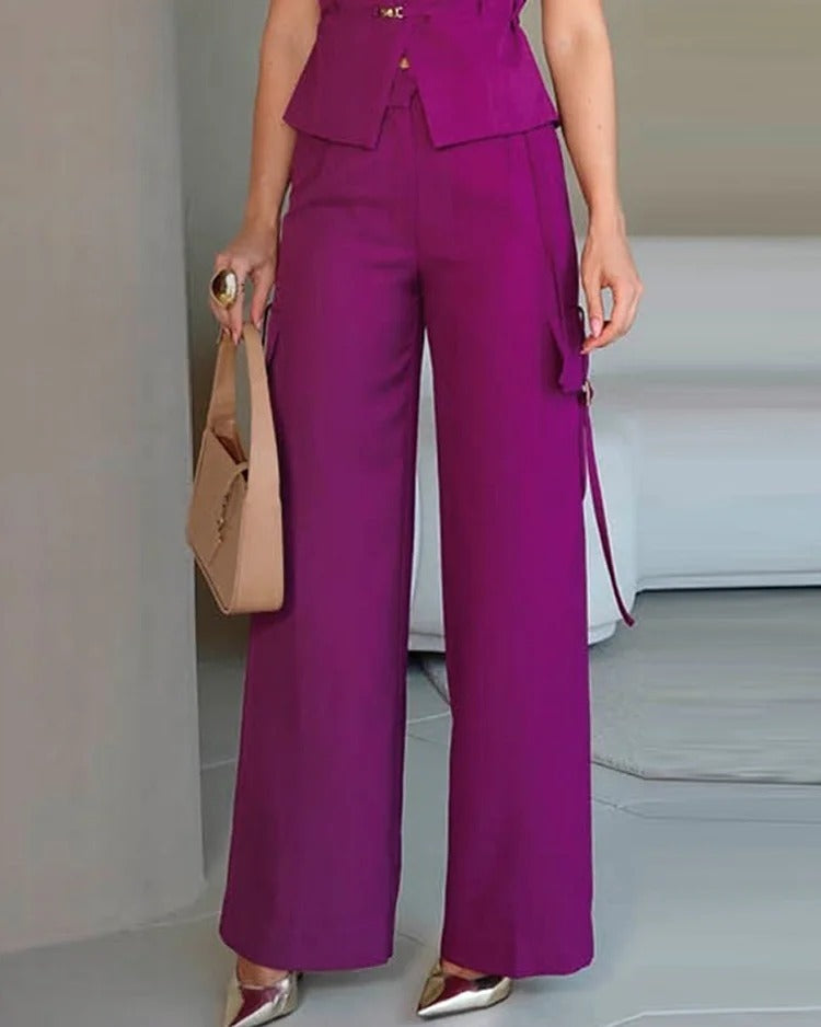 Costume deux pièces décontracté sans manches à col polo de couleur unie