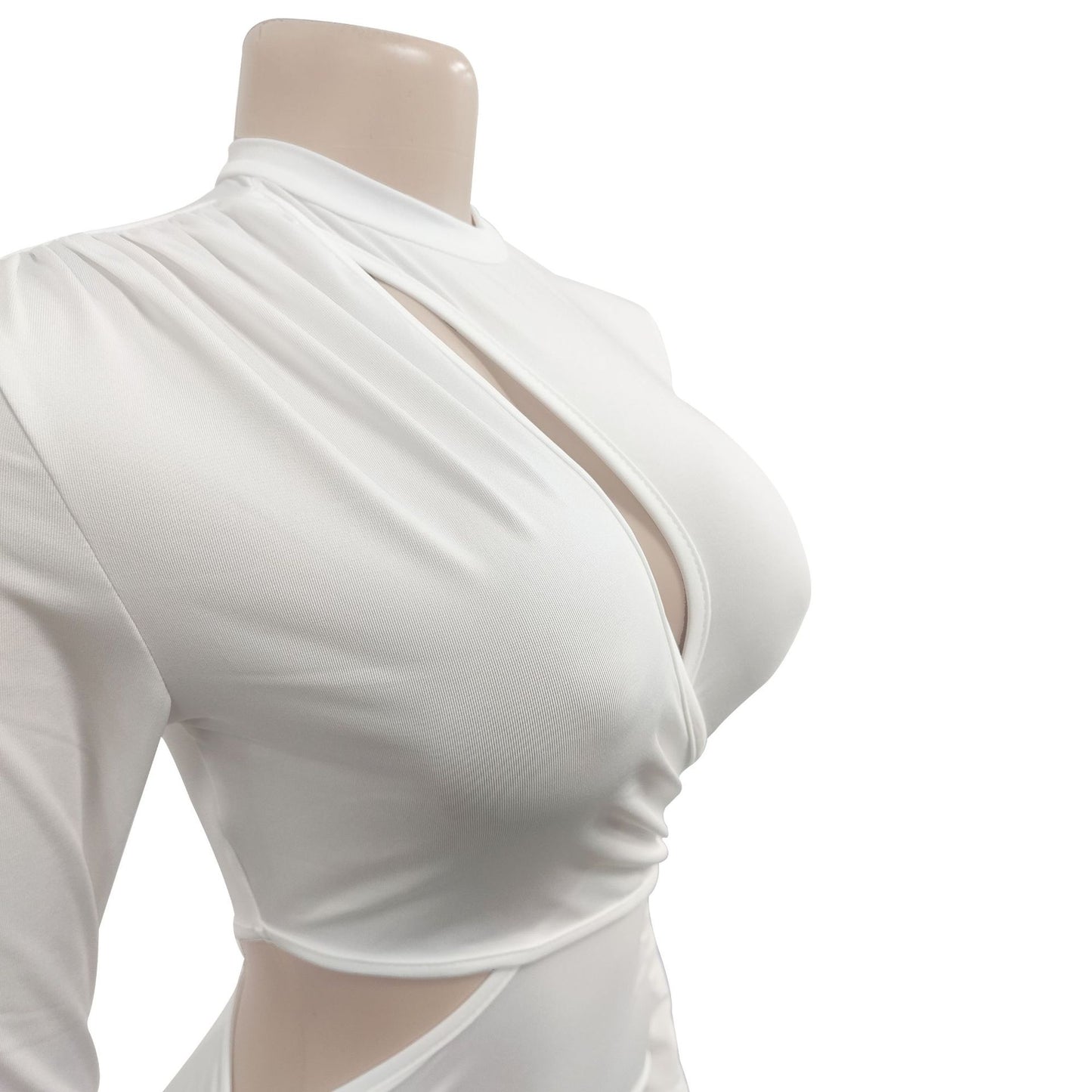 Vestido de manga larga con cuello redondo y volantes de color liso para mujer a la moda