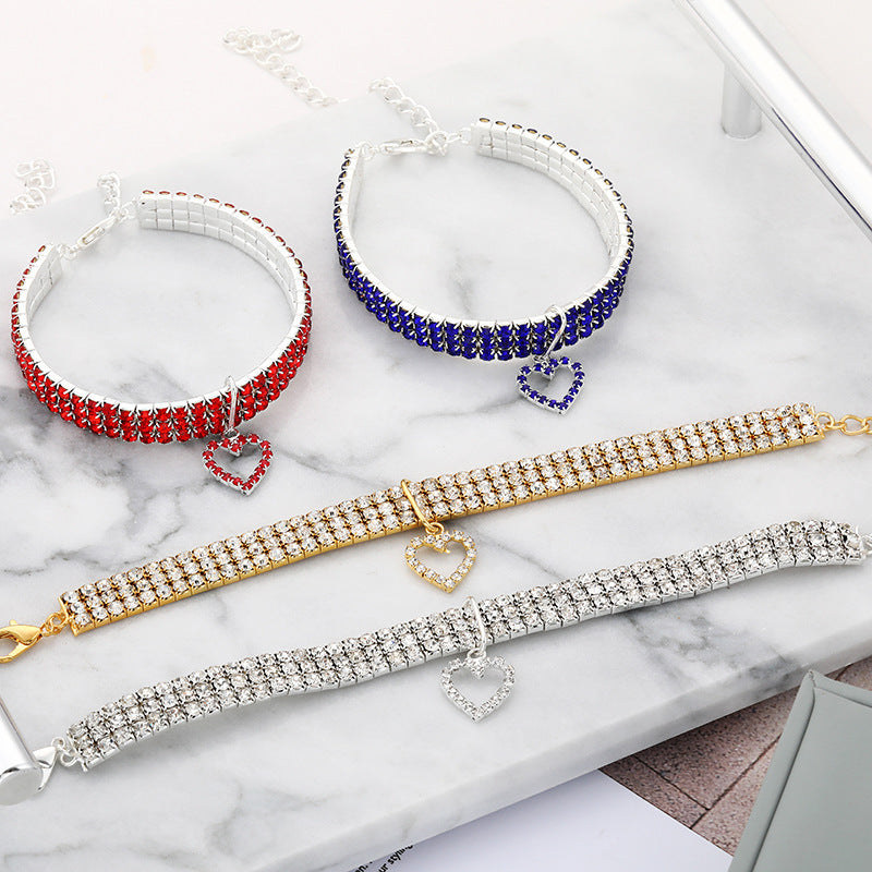 Collar elástico de tres filas con diamantes de imitación para mascotas, collar para perros y gatos