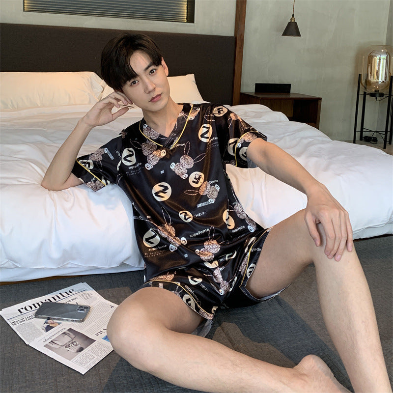 Pijamas para hombre de talla grande, talla grande, verano, cuello en V, seda de hielo, finos, para uso diario, para el hogar, tallas grandes, tallas grandes