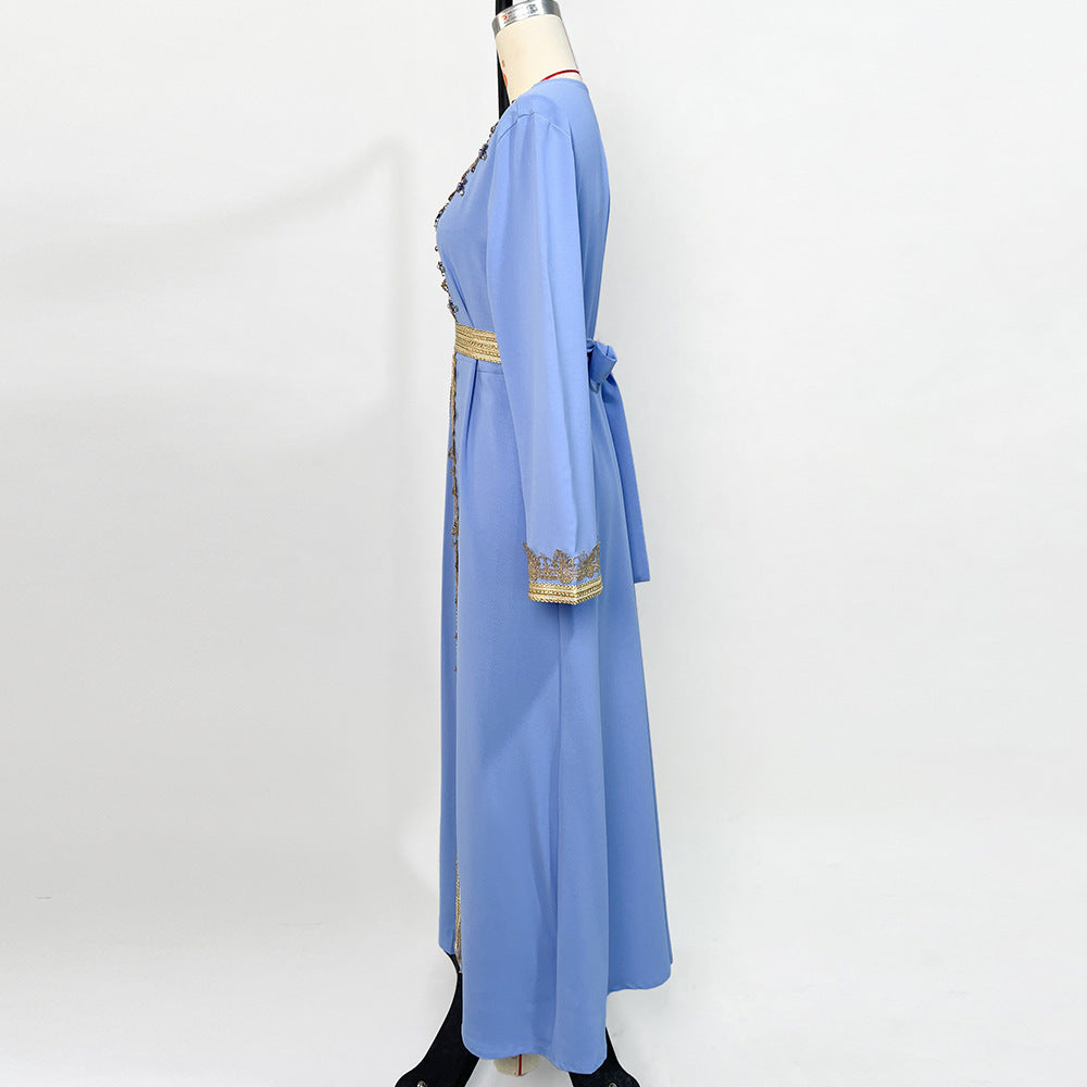 Light Blue Ribbon Hand-stitched Diamond Long Sleeve Dress
