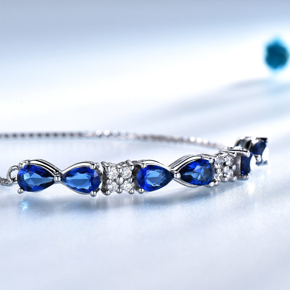 Pulsera ajustable de plata de ley S925 con zafiro azul y cadena de caja para mujer