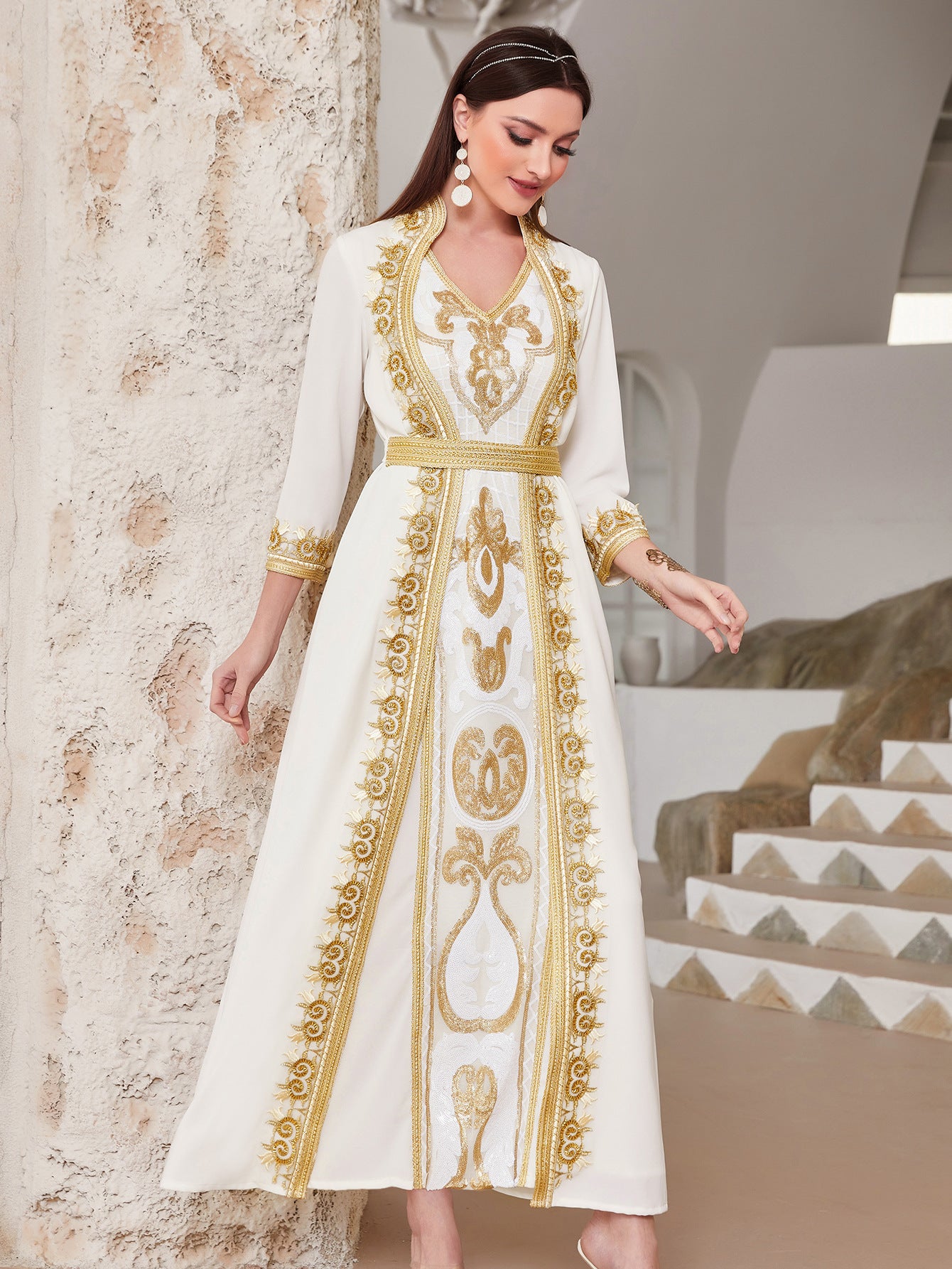 Gold Lace Sequined Embroidered Pearl Embroidery Dress