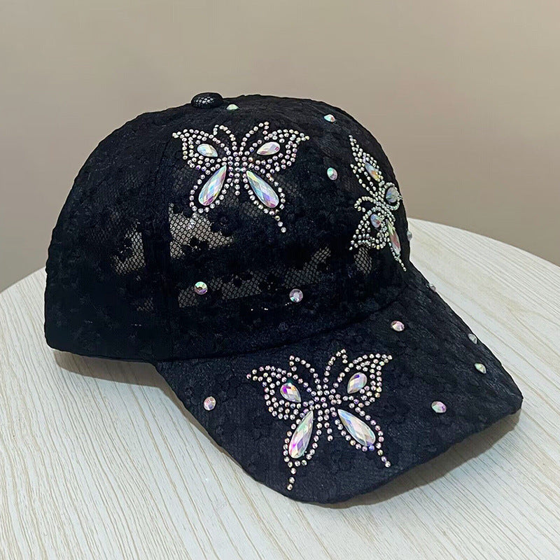 Gorra de béisbol con encaje, flores pequeñas, mariposas y diamantes de imitación para mujer