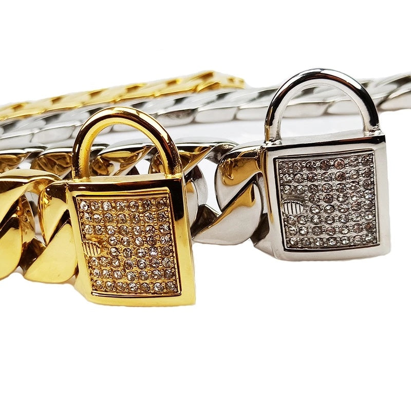 Collar para perro de oro rosa, cadena de acero inoxidable con diamantes de imitación para perro, collar para mascota