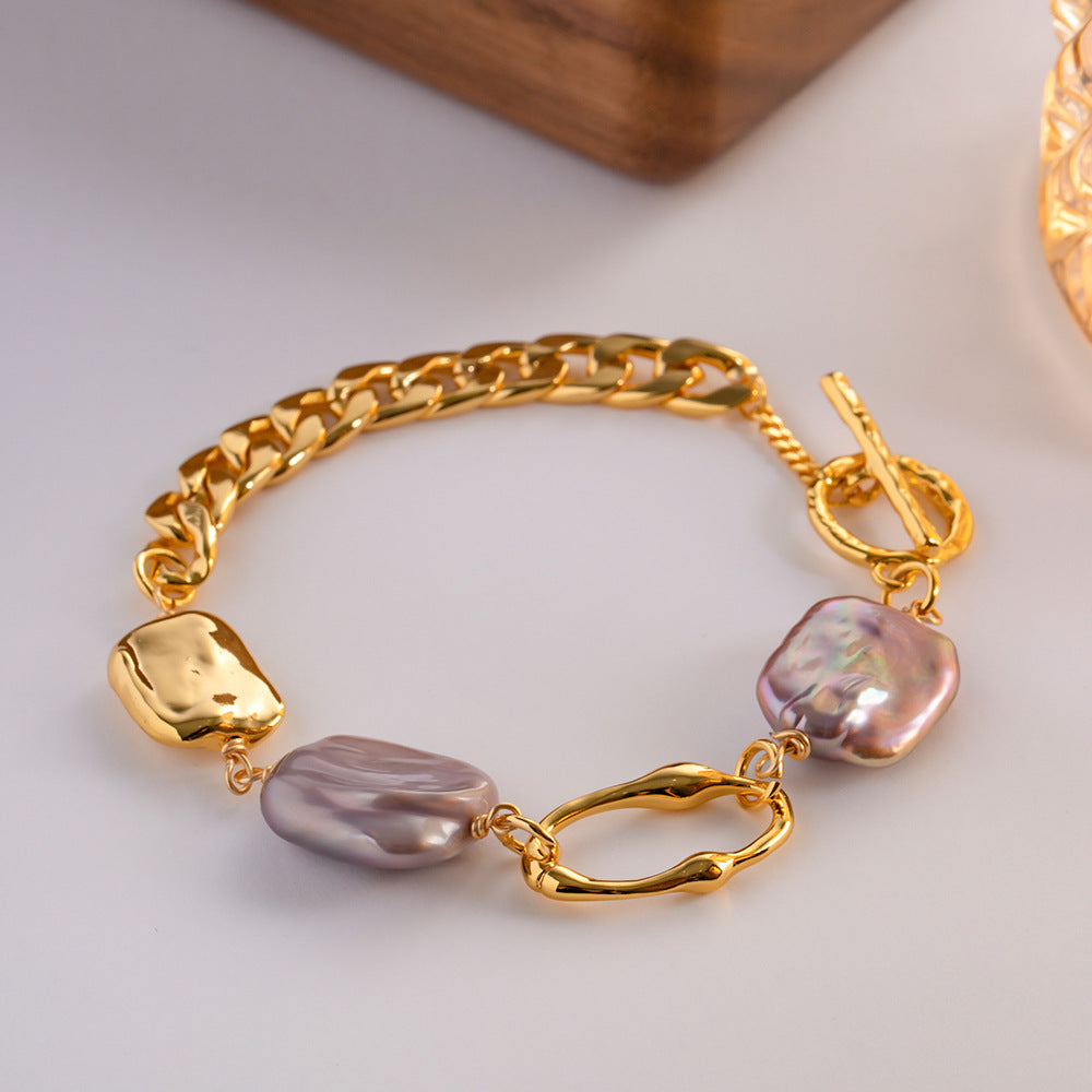 Pulsera de mujer con cadena de eslabones cubanos, barroco, pastel, perla natural, cuadrado irregular