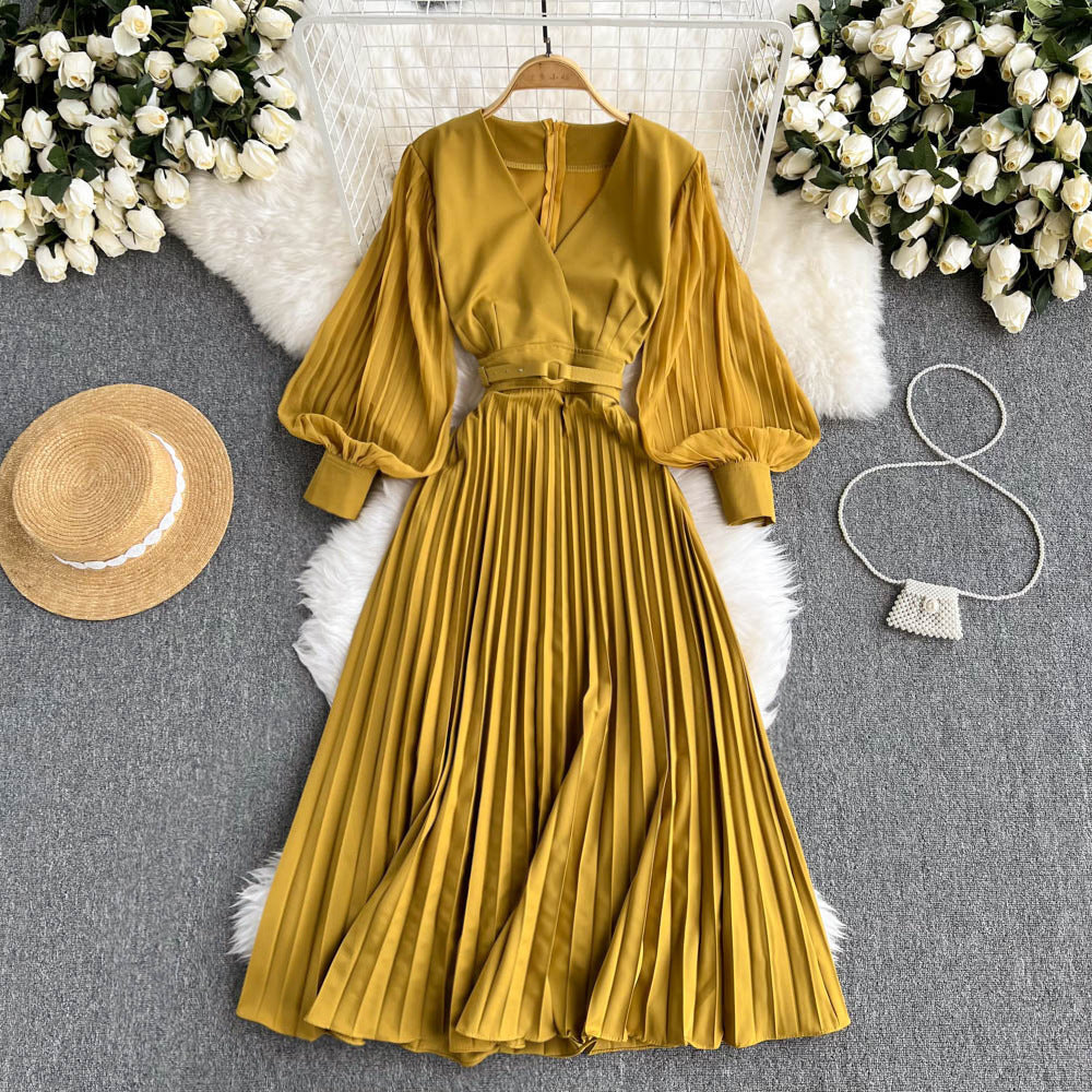 Vestido retro francés con cintura y cuello en V Royal Sister