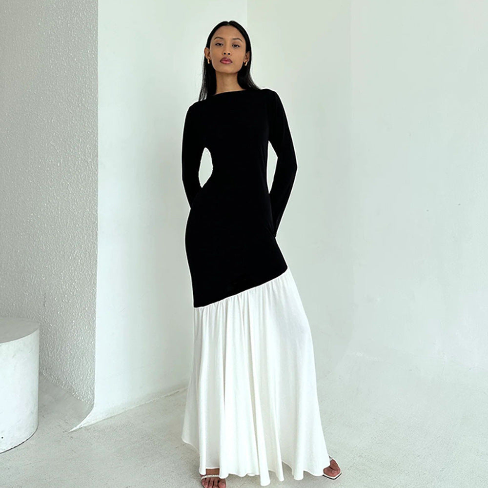 Robe tendance à col rond et manches longues, coutures fines sur les hanches