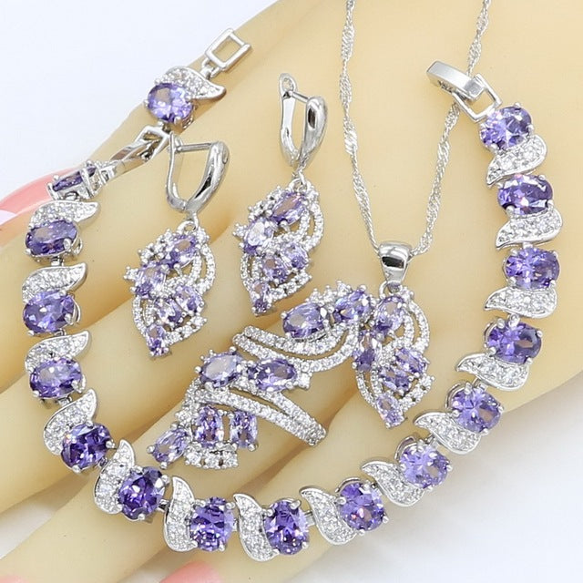 Conjunto de joyería de plata y amatista para boda para mujer