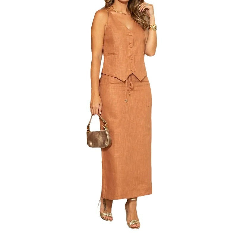 Elegante camisola con tirantes finos y falda con tirantes, traje de dos piezas