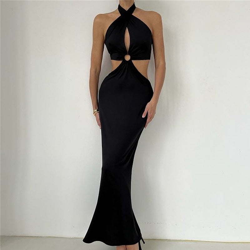 Sexy Fashion Stitching Halter Strap Backless Dress