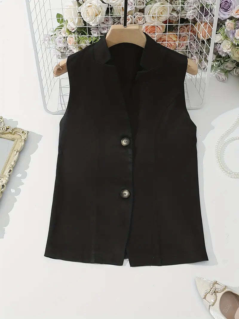 Chaleco de traje de moda de una sola fila con dos botones, color liso, cuello alto