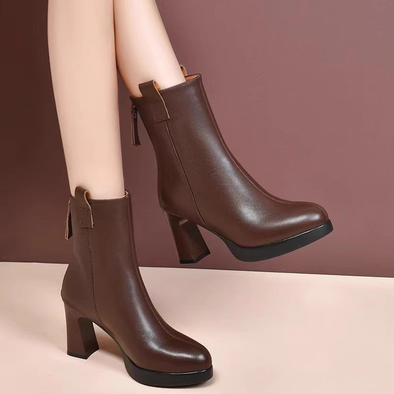 Botas de tacón alto de piel suave para mujer, además de terciopelo de piel auténtica