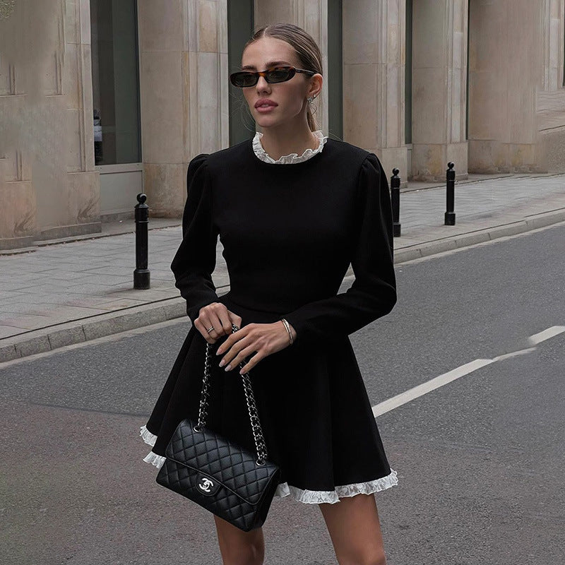Contrast Color Fungus Long Sleeve A- Line Dress Women