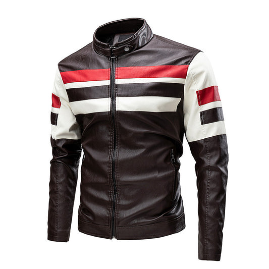 Chaqueta de cuero con costuras de motocicleta para hombre, cuello alto, estilo retro