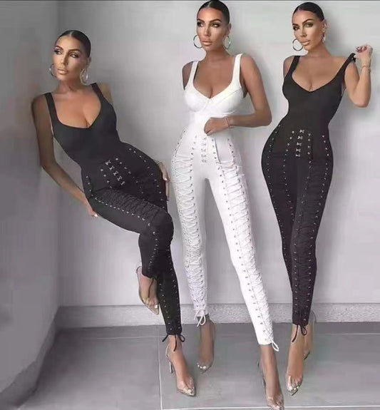 Combinaison bandage sexy taille haute sans manches à décolleté en V profond et extensible