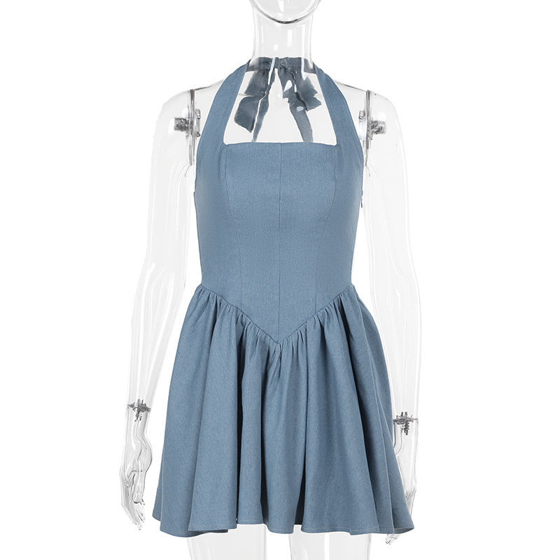 Robe en jean dos nu à taille élastique pour femme