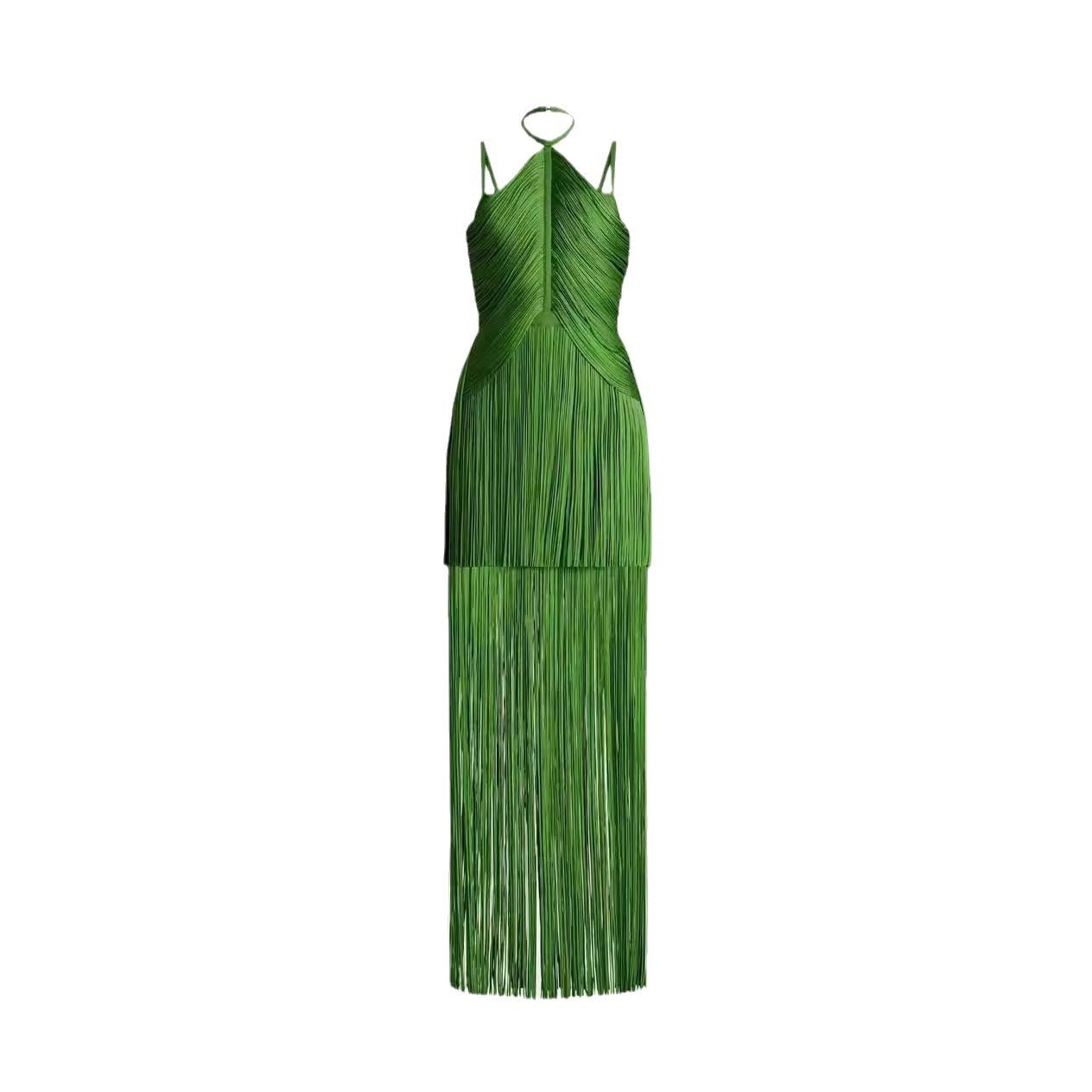 Robe de soirée verte à bretelles spaghetti et pompons