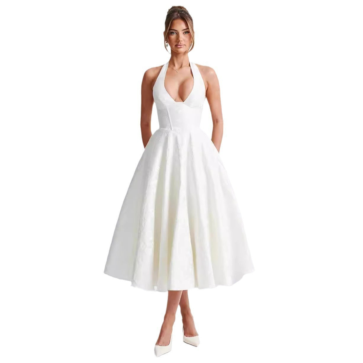 Robe longue en jacquard à col en V et dos nu, sans manches, avec lacets à la taille, style vacances