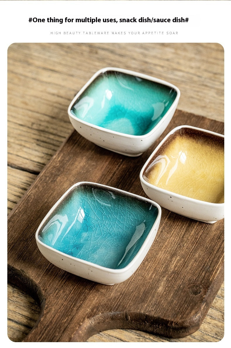 Plat à sauce soja carré en céramique émaillée craquelée