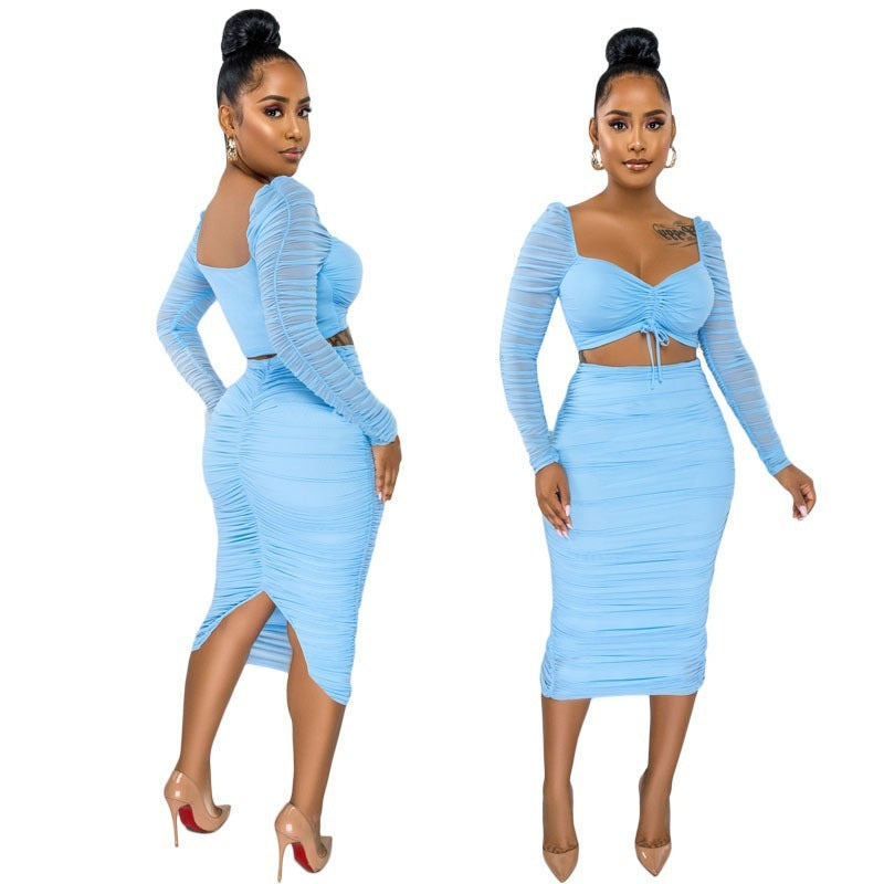 Sexy Drawstring Mesh Skirt Two-piece Suit