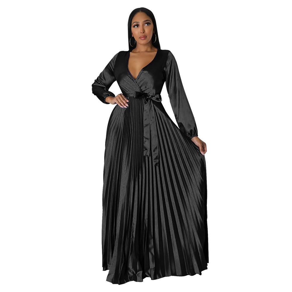 Robe plissée à manches lanternes pour femme