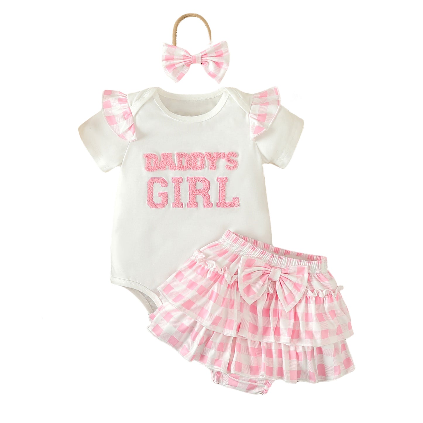 Ensemble trois pièces d'été pour fille avec t-shirt et jupe courte à carreaux