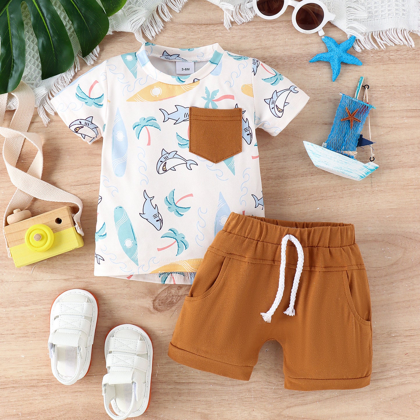 Traje de manga corta con estampado de tiburón tortuga para niños de verano