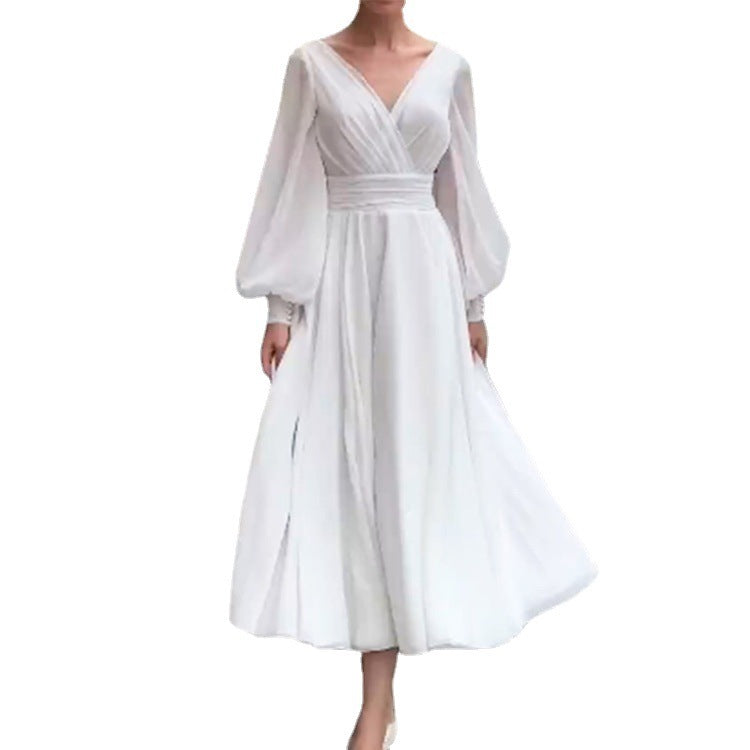Pure White Long-sleeved V-neck Back Dress