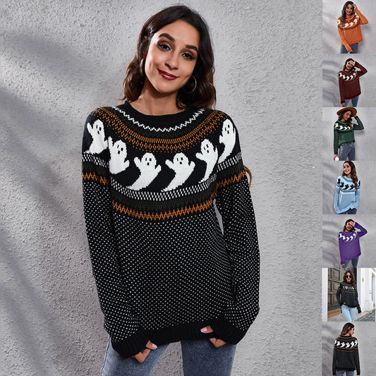 Pull à pois motif fantôme de dessin animé d'Halloween, automne et hiver, haut ample en tricot à manches longues pour femme