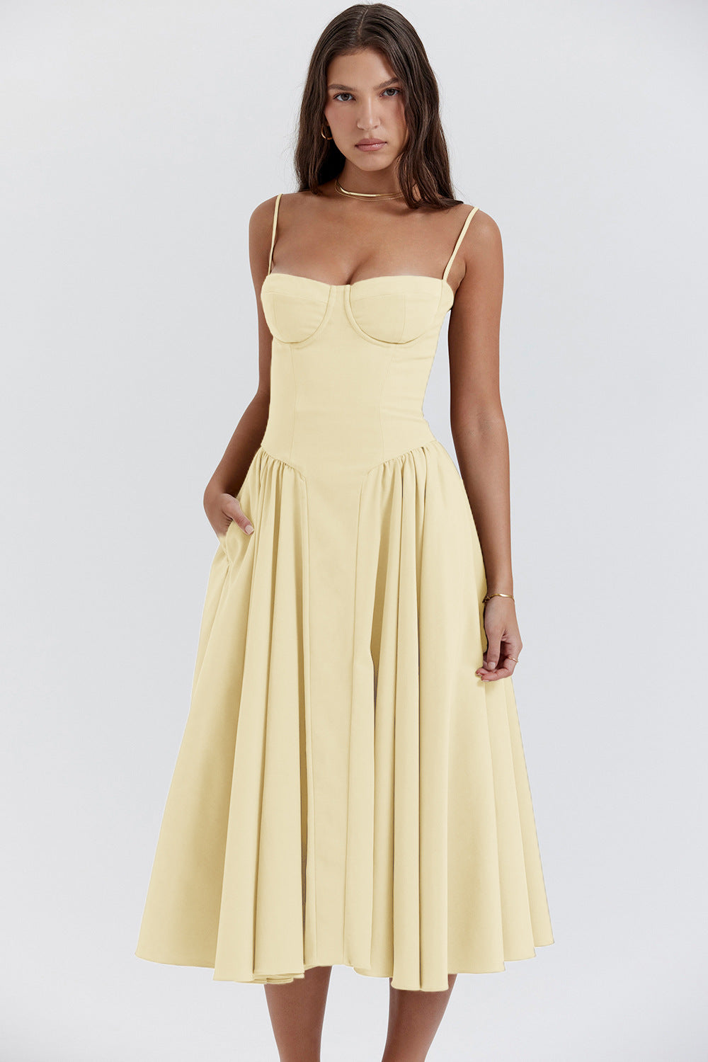 Vestido con vuelo grande y tirantes escotados, estilo palaciego elegante, nuevo, para mujer
