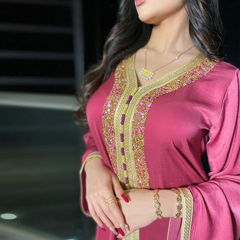 Vestido con cinta de diamantes calientes y encaje estilo musulmán de Dubái